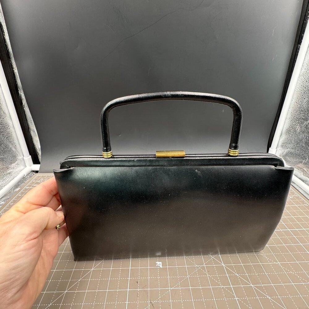 Vintage Handbag Black Exterior Gold-Tone Snap Clasp 10.5"